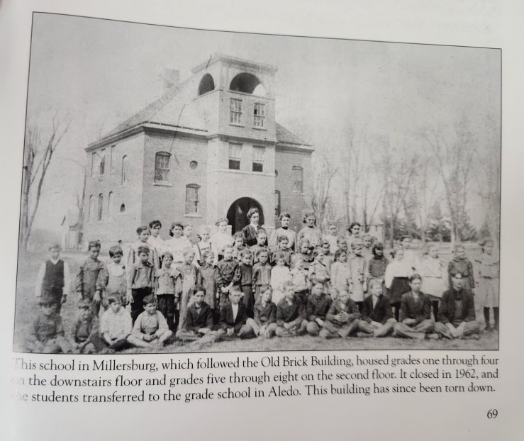 Black-and-white historic photograph of Millersburg School building with students and teachers posed in front.
