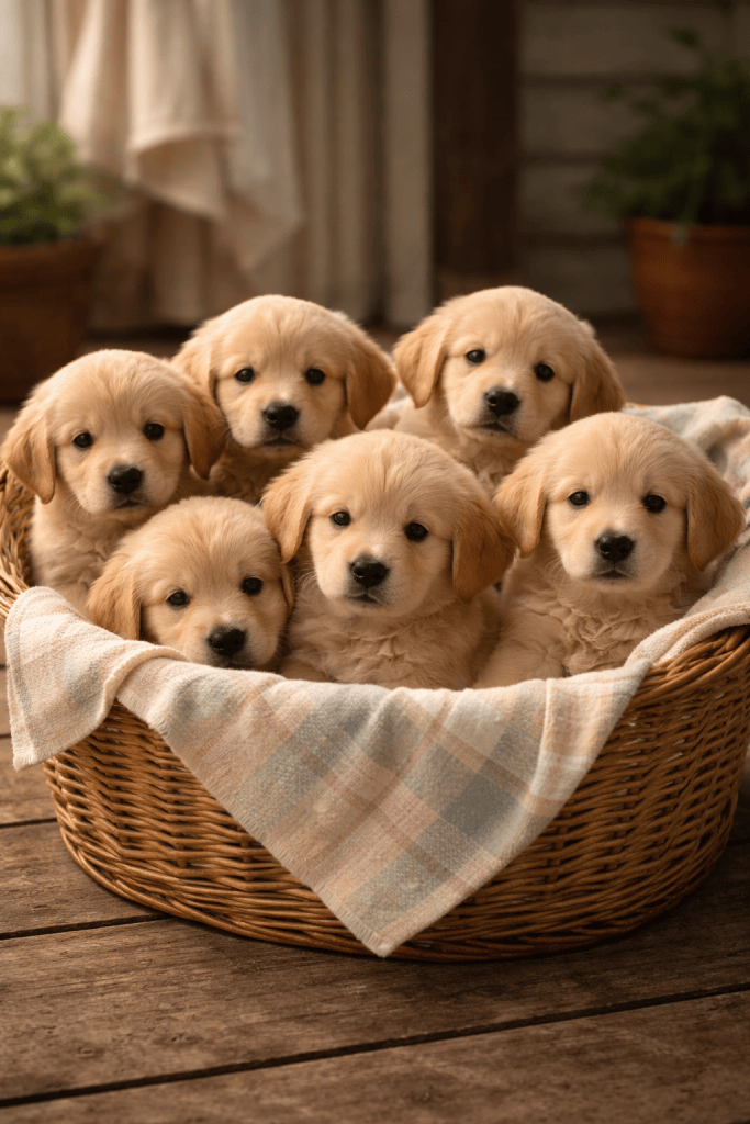 A basket full of small blonde puppies.