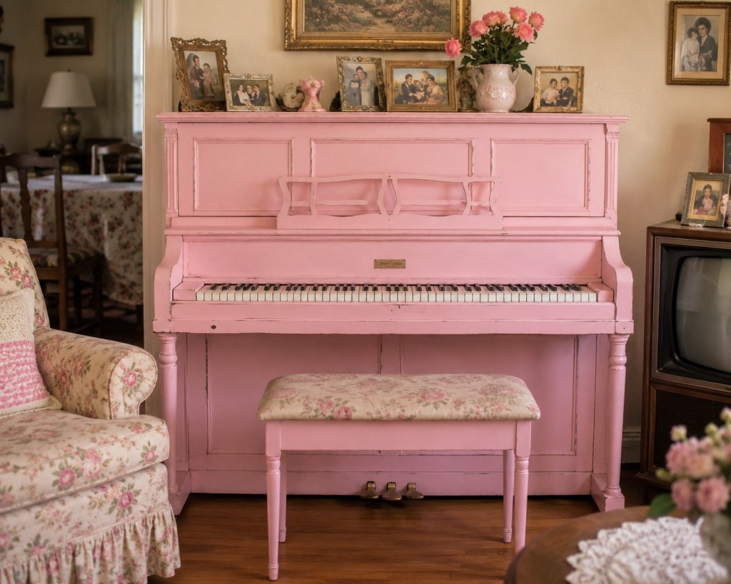 Pink upright piano with family photographs and pink roses displayed on top.
